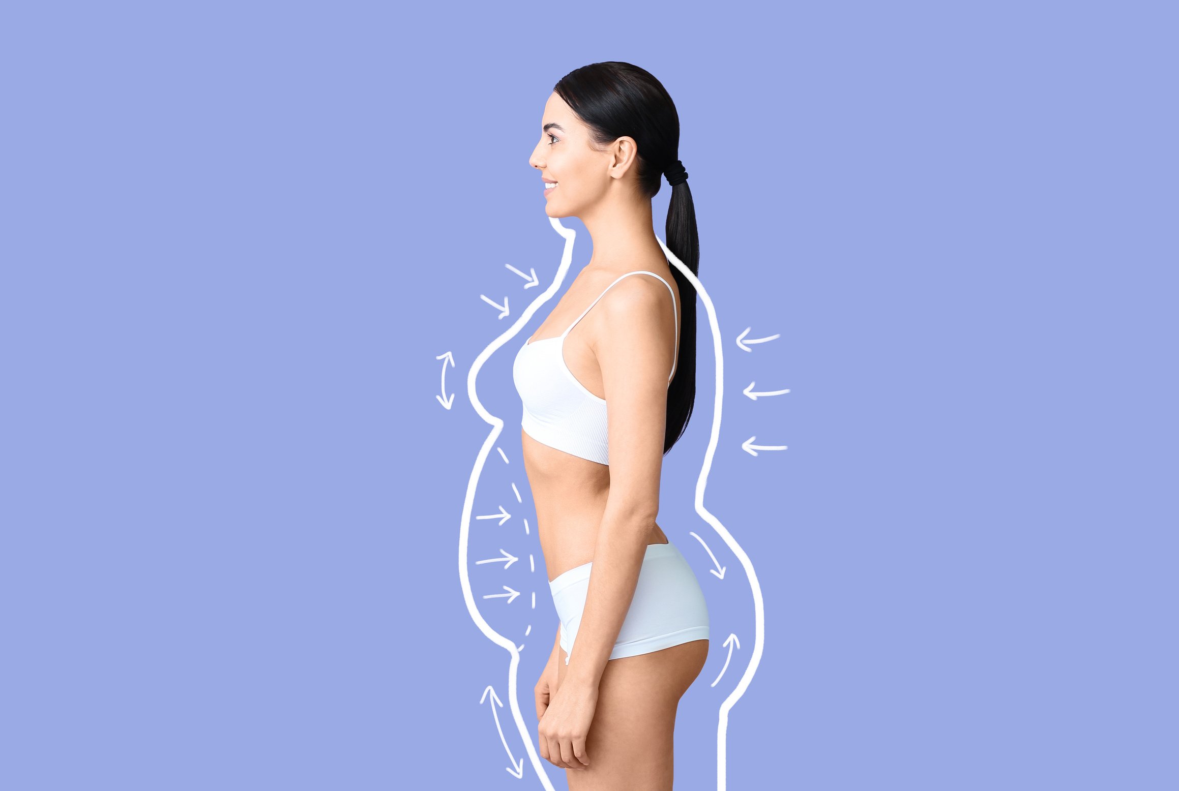 Young Woman after Weight Loss on Color Background